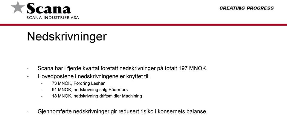 - Hovedpostene i nedskrivningene er knyttet til: - 73 MNOK, Fordring Leshan - 91