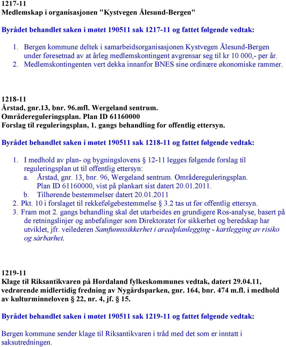 Medlemskontingenten vert dekka innanfor BNES sine ordinære økonomiske rammer. 1218-11 Årstad, gnr.13, bnr. 96.mfl. Wergeland sentrum. Områdereguleringsplan.