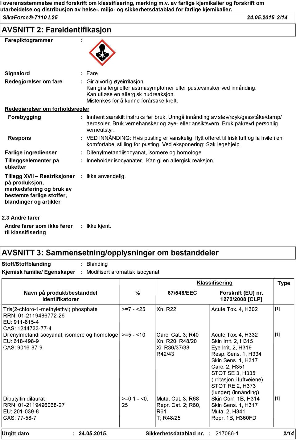 XVII Restriksjoner på produksjon, markedsføring og bruk av bestemte farlige stoffer, blandinger og artikler Fare Gir alvorlig øyeirritasjon.