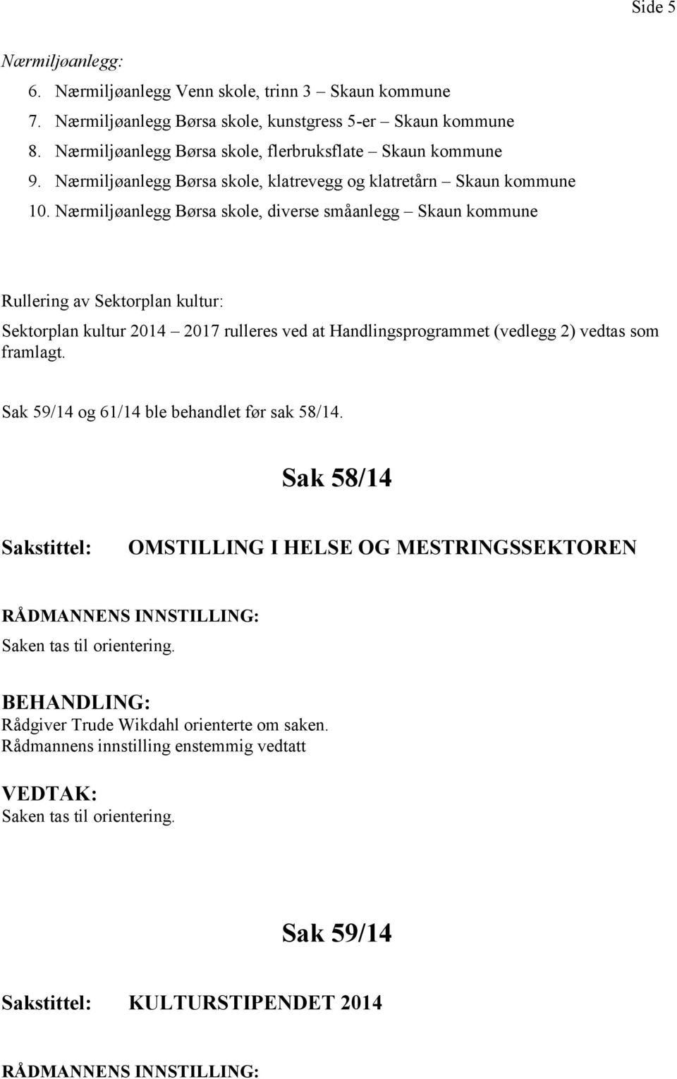 Nærmiljøanlegg Børsa skole, diverse småanlegg Skaun kommune Rullering av Sektorplan kultur: Sektorplan kultur 2014 2017 rulleres ved at Handlingsprogrammet (vedlegg 2) vedtas som