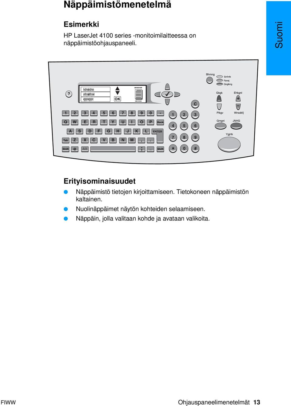 Suomi Erityisominaisuudet Näppäimistö tietojen kirjoittamiseen.