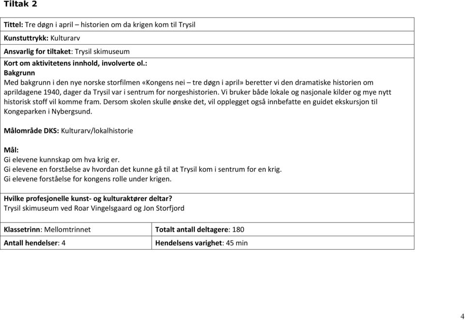 Vi bruker både lokale og nasjonale kilder og mye nytt historisk stoff vil komme fram. Dersom skolen skulle ønske det, vil opplegget også innbefatte en guidet ekskursjon til Kongeparken i Nybergsund.