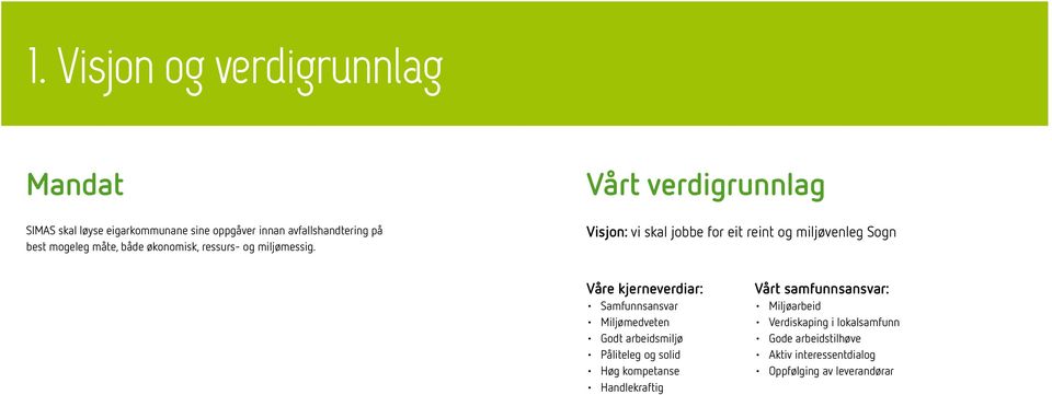 Vårt verdigrunnlag Visjon: vi skal jobbe for eit reint og miljøvenleg Sogn Våre kjerneverdiar: Samfunnsansvar