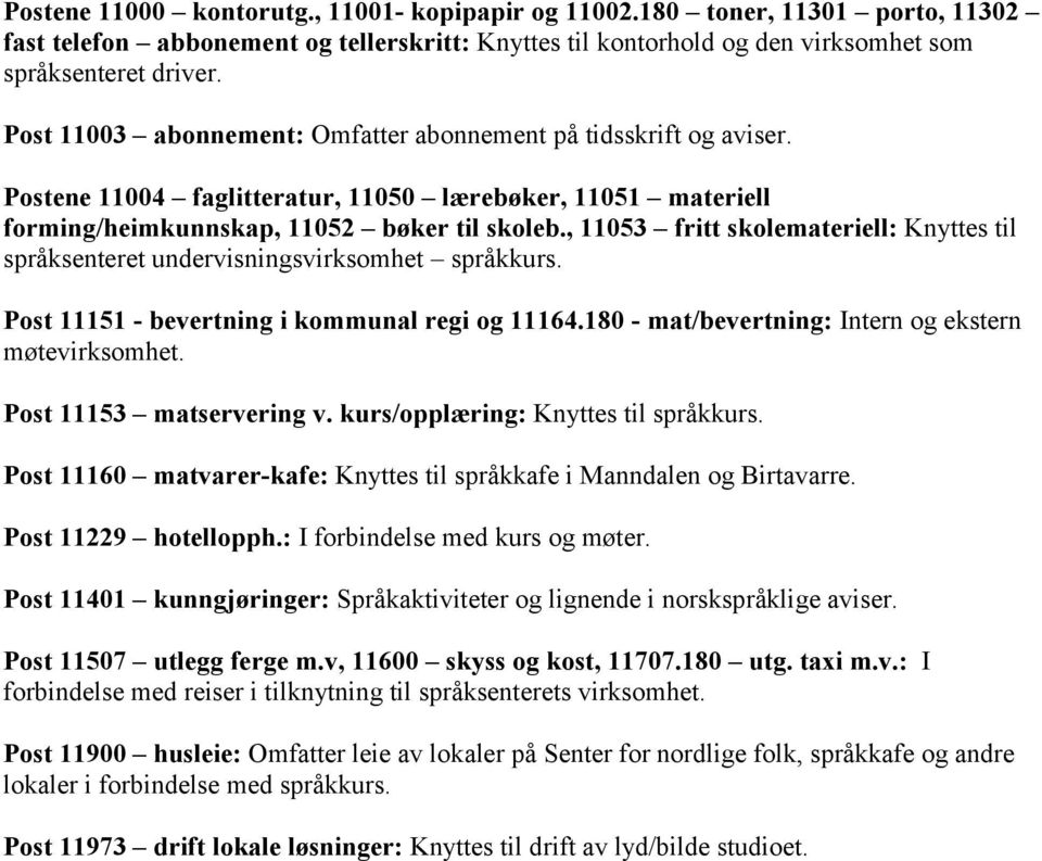 , 11053 fritt skolemateriell: Knyttes til språksenteret undervisningsvirksomhet språkkurs. Post 11151 - bevertning i kommunal regi og 11164.180 - mat/bevertning: Intern og ekstern møtevirksomhet.