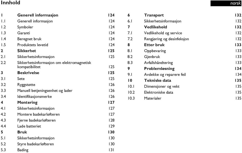 4 Identifikasjonsmerke 126 4 Montering 127 4.1 Sikkerhetsinformasjon 127 4.2 Montere badekarløfteren 127 4.3 Fjerne badekarløfteren 128 4.4 Lade batteriet 129 5 Bruk 130 5.