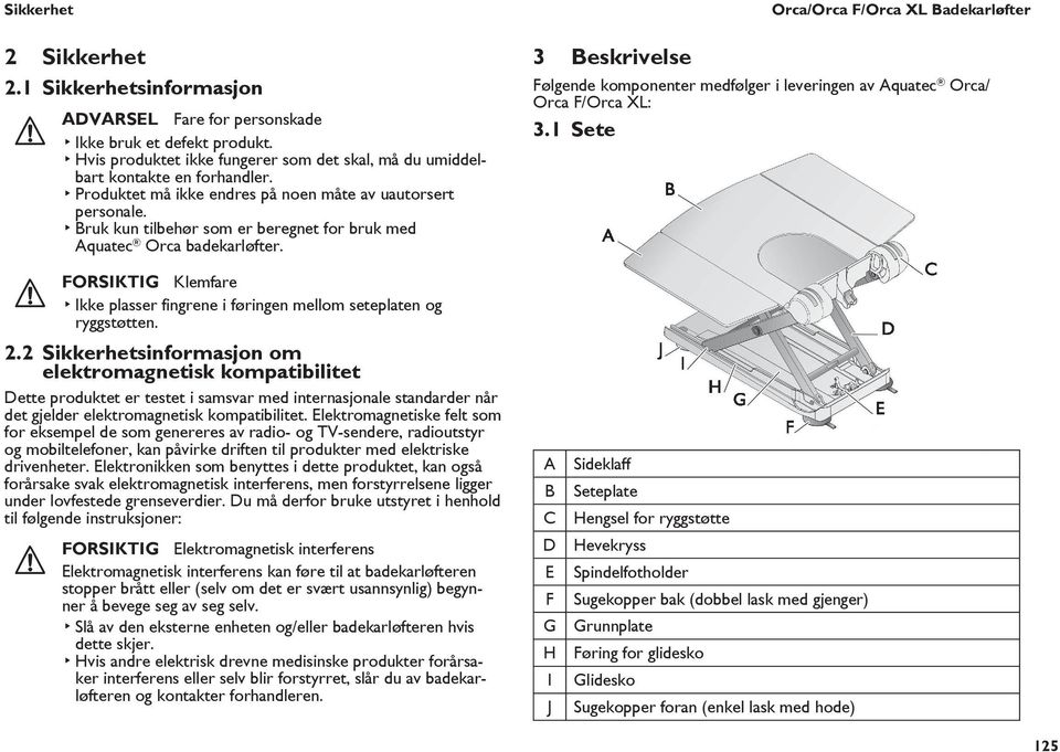 Orca/Orca F/Orca XL Badekarløfter 3 Beskrivelse Følgende komponenter medfølger i leveringen av Aquatec Orca/ Orca F/Orca XL: 3.