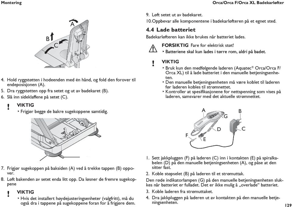 Hold ryggstøtten i hodeenden med én hånd, og fold den forover til endeposisjonen (A). 5. Dra ryggstøtten opp fra setet og ut av badekaret (B). 6. Slå inn sideklaffene på setet (C).