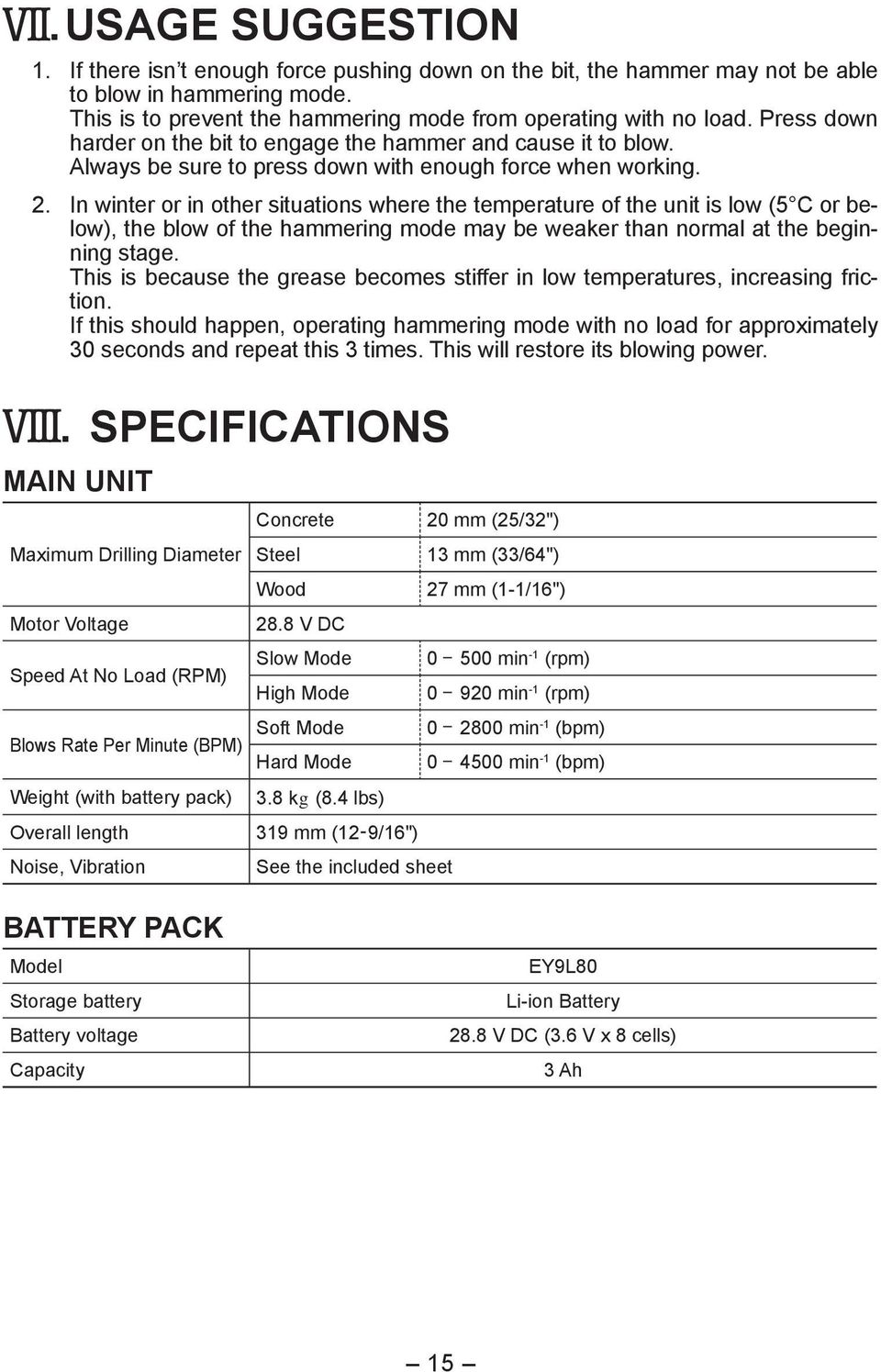 In winter or in other situations where the temperature of the unit is low (5 C or below), the blow of the hammering mode may be weaker than normal at the beginning stage.