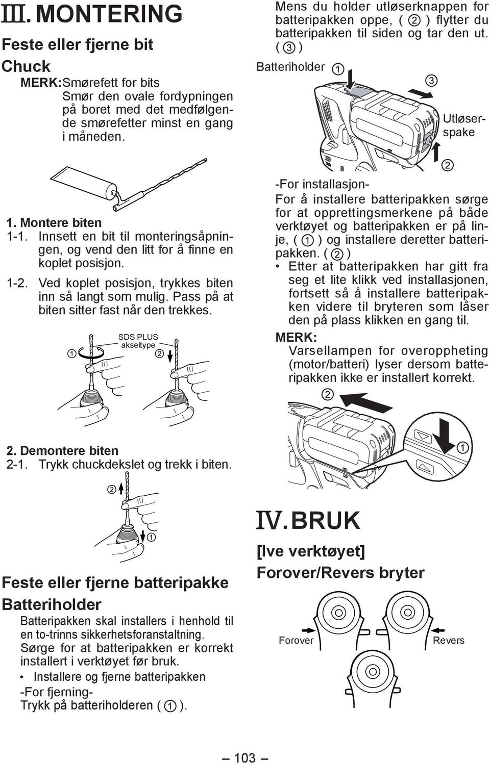 Innsett en bit til monteringsåpningen, og vend den litt for å finne en koplet posisjon. 1-2. Ved koplet posisjon, trykkes biten inn så langt som mulig. Pass på at biten sitter fast når den trekkes.