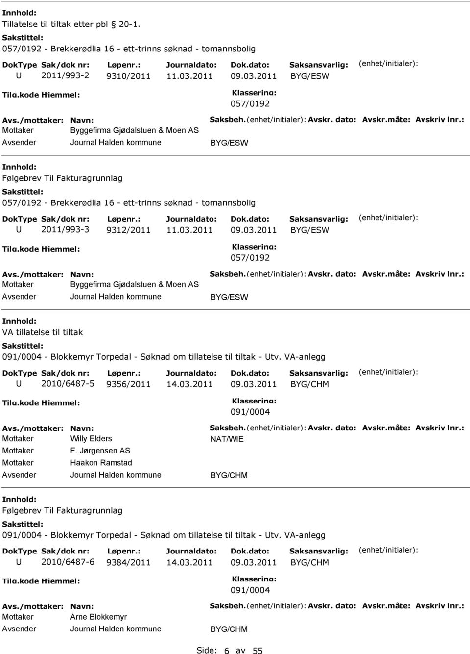 2011 BYG/SW 057/0192 Avs./mottaker: Navn: Saksbeh. Avskr. dato: Avskr.måte: Avskriv lnr.