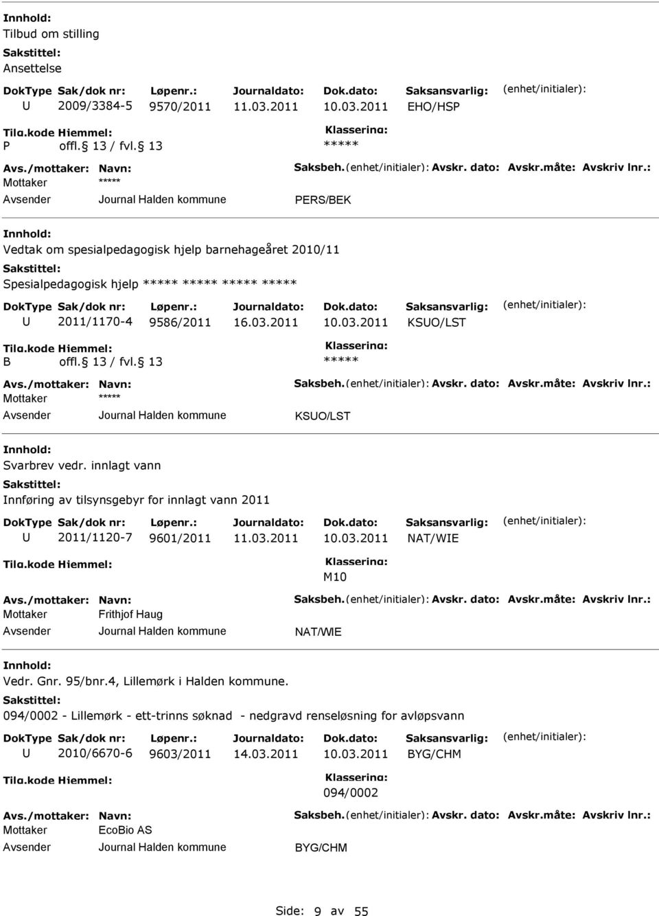 : KSO/LST Svarbrev vedr. innlagt vann Innføring av tilsynsgebyr for innlagt vann 2011 2011/1120-7 9601/2011 10.03.2011 NAT/WI M10 Avs./mottaker: Navn: Saksbeh. Avskr. dato: Avskr.måte: Avskriv lnr.