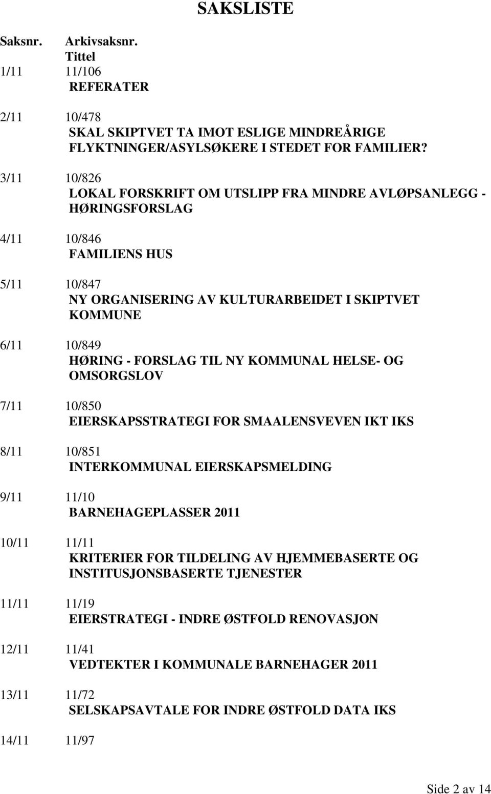 FORSLAG TIL NY KOMMUNAL HELSE- OG OMSORGSLOV 7/11 10/850 EIERSKAPSSTRATEGI FOR SMAALENSVEVEN IKT IKS 8/11 10/851 INTERKOMMUNAL EIERSKAPSMELDING 9/11 11/10 BARNEHAGEPLASSER 2011 10/11 11/11 KRITERIER