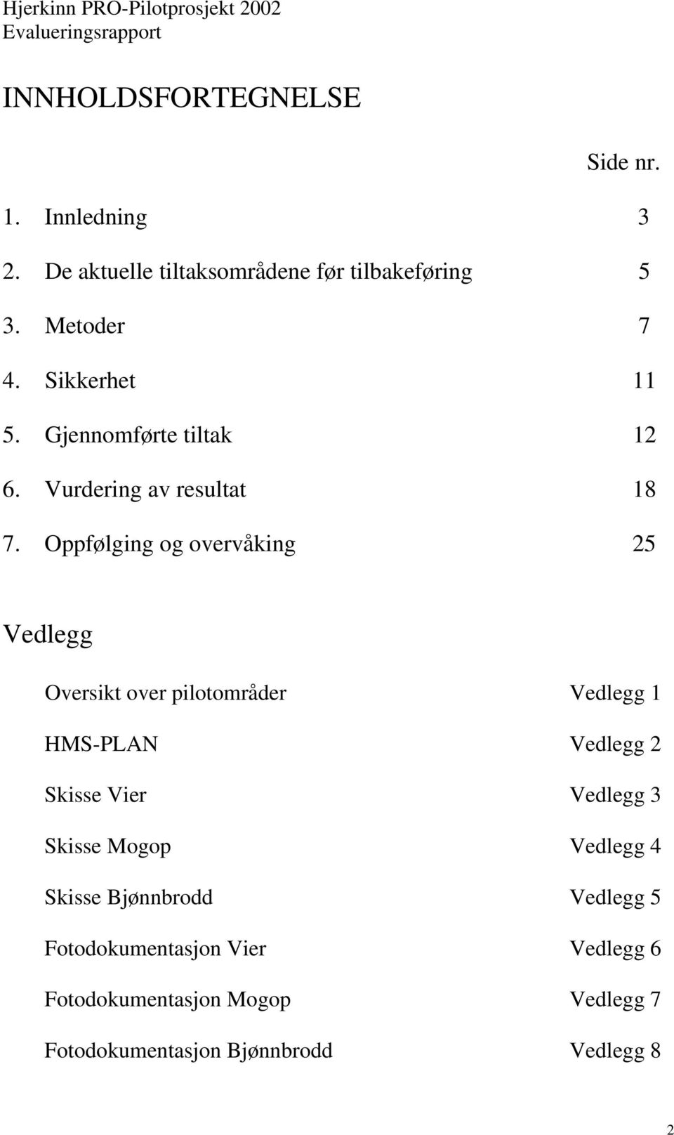 Oppfølging og overvåking 25 Vedlegg Oversikt over pilotområder Vedlegg 1 HMS-PLAN Vedlegg 2 Skisse Vier Vedlegg 3