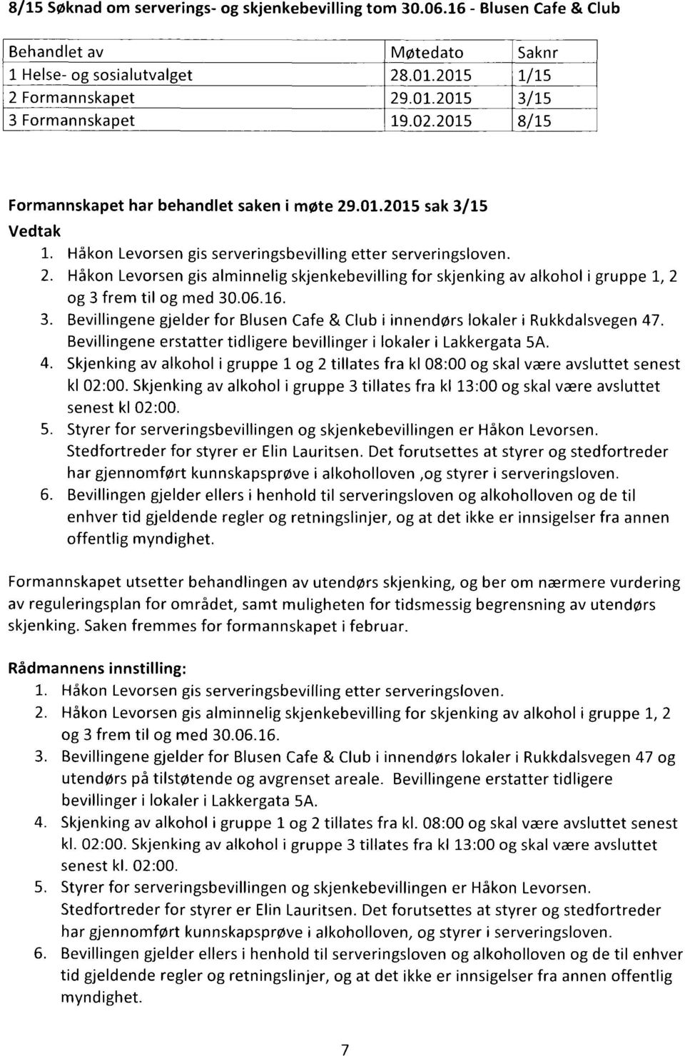 Håkon Levorsen gis alminnelig skjenkebevilling for skjenking av alkohol i gruppe 1, 2 og 3 frem til og med 30.06.16. Bevillingene gjelder for Blusen Cafe & Club i innendørs lokaler i Rukkdalsvegen 47.