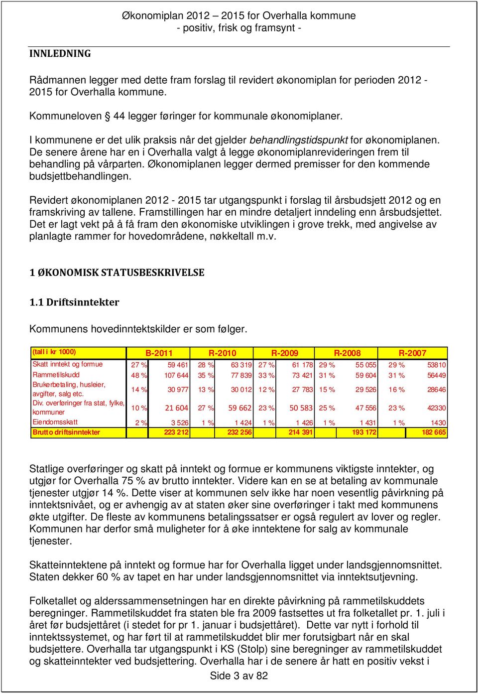 Økonomiplanen legger dermed premisser for den kommende budsjettbehandlingen. Revidert økonomiplanen 2012-2015 tar utgangspunkt i forslag til årsbudsjett 2012 og en framskriving av tallene.