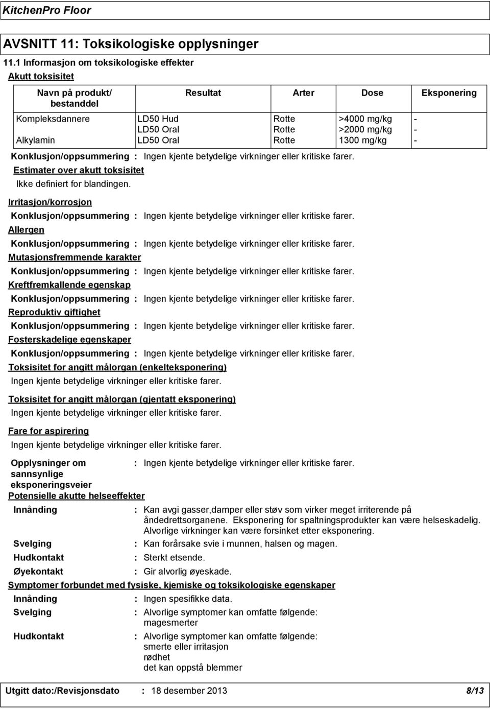 LD50 Hud Rotte >4000 mg/kg - LD50 Oral Rotte >2000 mg/kg - Alkylamin LD50 Oral Rotte 1300 mg/kg - Mutasjonsfremmende karakter Kreftfremkallende egenskap Reproduktiv giftighet Fosterskadelige