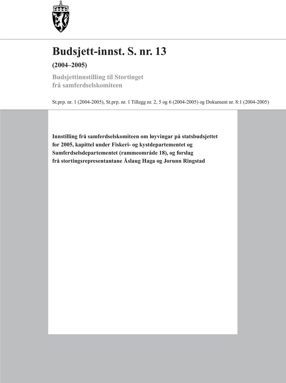 8:1 (2004-2005) Innstilling frå samferdselskomiteen om løyvingar på statsbudsjettet for 2005, kapittel under