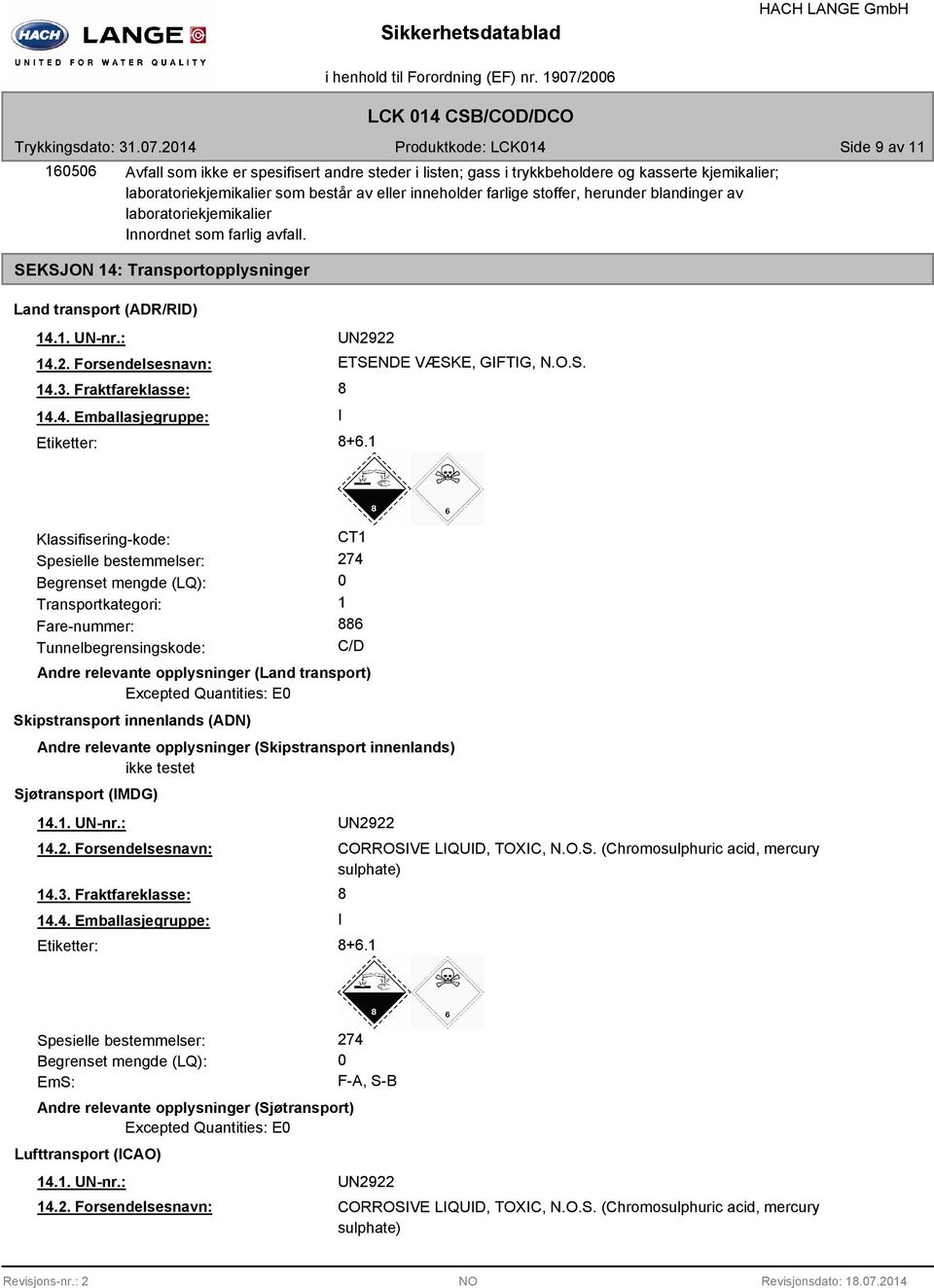 Fraktfareklasse: 14.4. Emballasjegruppe: Etiketter: ETSENDE VÆSKE, GIFTIG, N.O.S. 8 I 8+6.