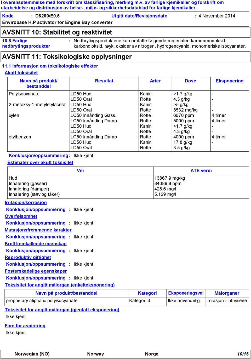 hydrogencyanid, monomeriske isocyanater. Resultat Arter Dose Eksponering Polyisocyanate LD50 Hud Kanin >1.7 g/kg - LD50 Oral Rotte 4.