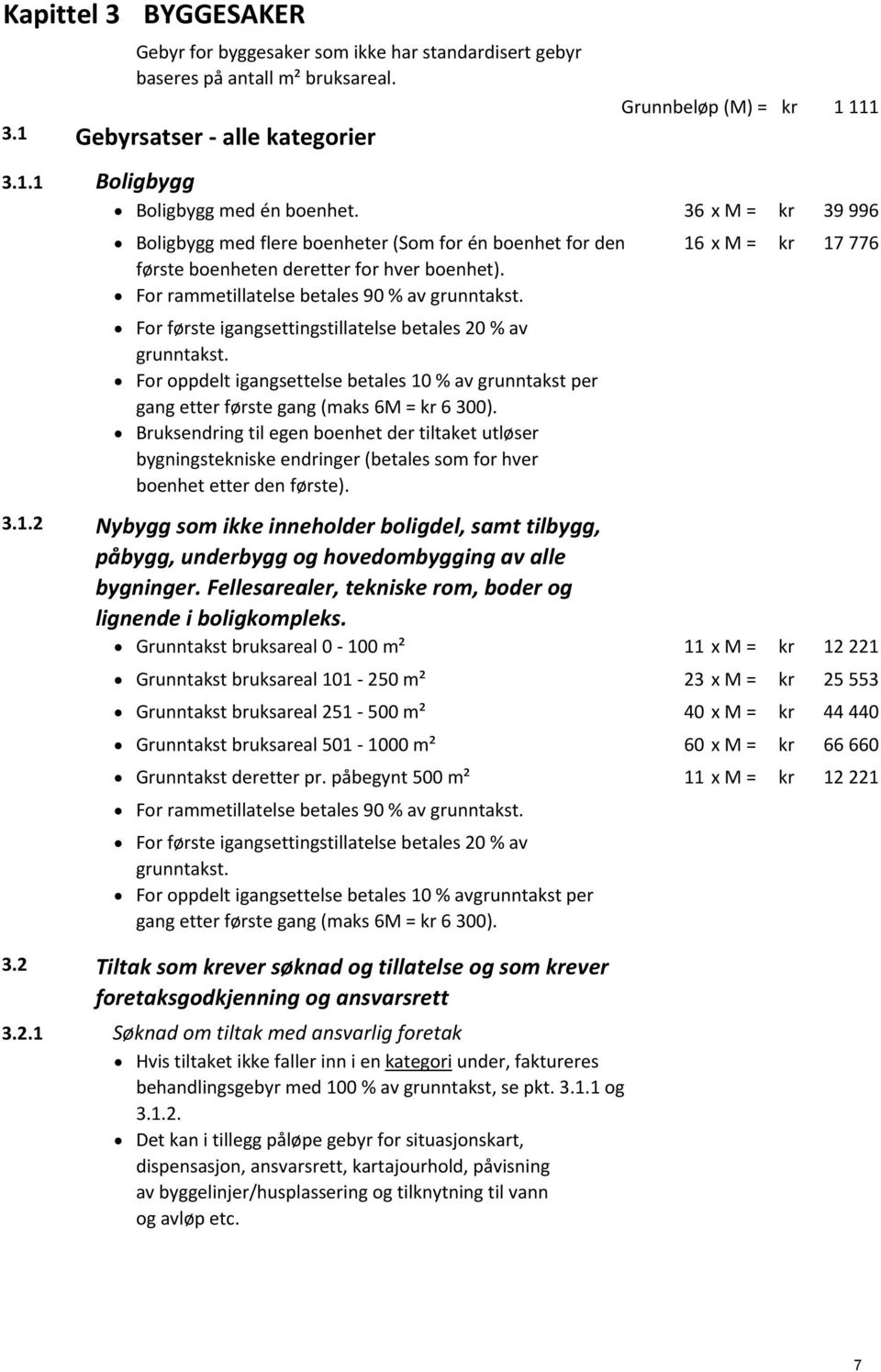 For første igangsettingstillatelse betales 20 % av grunntakst. For oppdelt igangsettelse betales 10 % av grunntakst per gang etter første gang (maks 6M = kr 6 300).