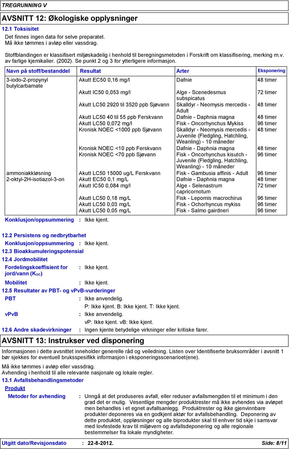 Navn på stoff/bestanddel 3-iodo-2-propynyl Akutt EC50 0,16 mg/l Dafnie 48 timer butylcarbamate Akutt IC50 0,053 mg/l Alge - Scenedesmus 72 timer subspicatus Akutt LC50 2920 til 3520 ppb Sjøvann