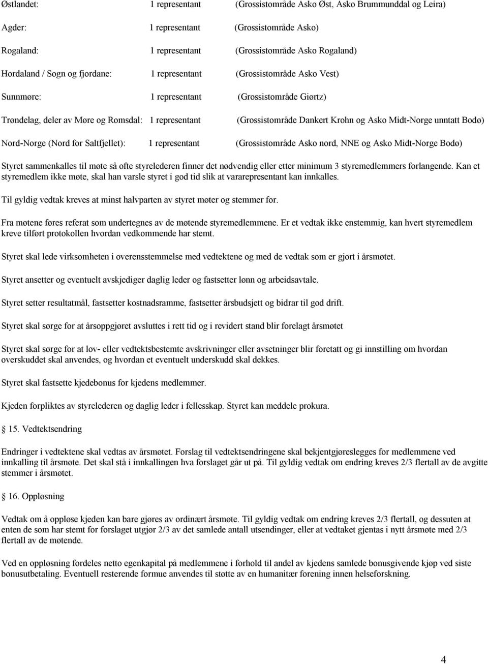 Midt-Norge unntatt Bodø) Nord-Norge (Nord for Saltfjellet): 1 representant (Grossistområde Asko nord, NNE og Asko Midt-Norge Bodø) Styret sammenkalles til møte så ofte styrelederen finner det