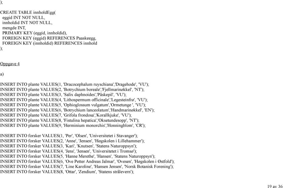 VALUES(3, 'Salix daphnoides','påskepil', 'VU'); INSERT INTO plante VALUES(4, 'Lithospermum officinale','legesteinfrø', 'VU'); INSERT INTO plante VALUES(5, 'Ophioglossum vulgatum','ormetunge ', 'VU');