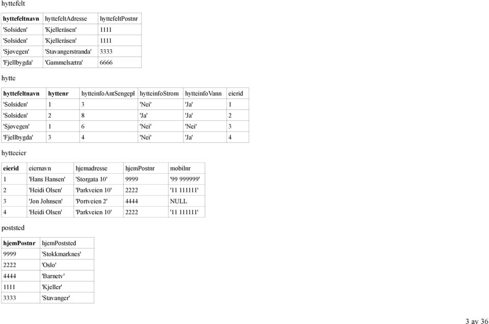 'Nei' 'Ja' 4 hytteeier eierid eiernavn hjemadresse hjempostnr mobilnr 1 'Hans Hansen' 'Storgata 10' 9999 '99 999999' 2 'Heidi Olsen' 'Parkveien 10' 2222 '11 111111' 3 'Jon Johnsen'