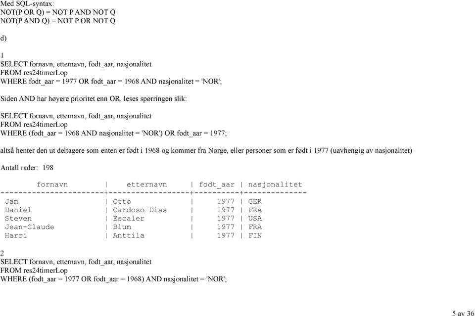 ut deltagere som enten er født i 1968 og kommer fra Norge, eller personer som er født i 1977 (uavhengig av nasjonalitet) Antall rader: 198 fornavn etternavn fodt_aar nasjonalitet