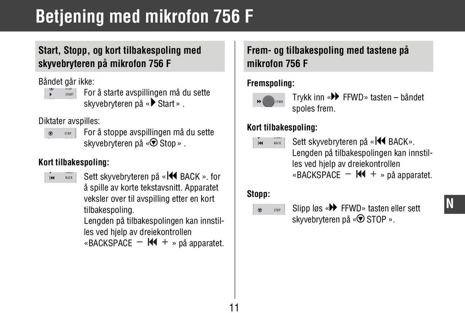 Apparatet veksler over til avspilling etter en kort tilbakespoling. Lengden på tilbakespolingen kan innstilles ved hjelp av dreiekontrollen «BACKSPACE» på apparatet.