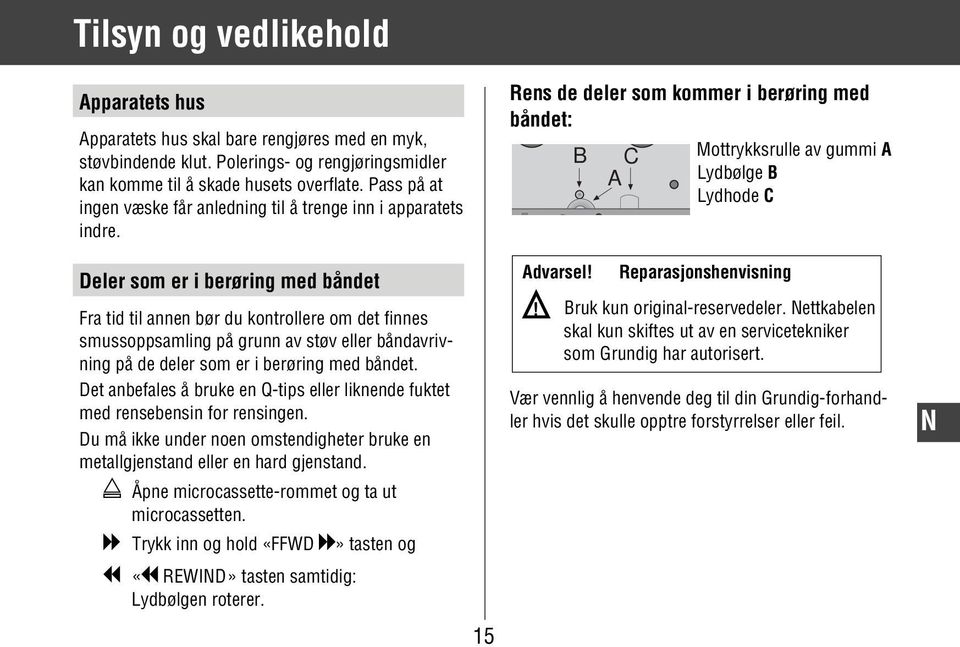 Rens de deler som kommer i berøring med båndet: B C Mottrykksrulle av gummi A A Lydbølge B Lydhode C Deler som er i berøring med båndet Fra tid til annen bør du kontrollere om det finnes