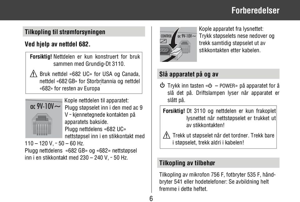 Kople nettdelen til apparatet: ac 9V-10V~ Plugg støpselet inn i den med ac 9 V kjennetegnede kontakten på apparatets bakside.