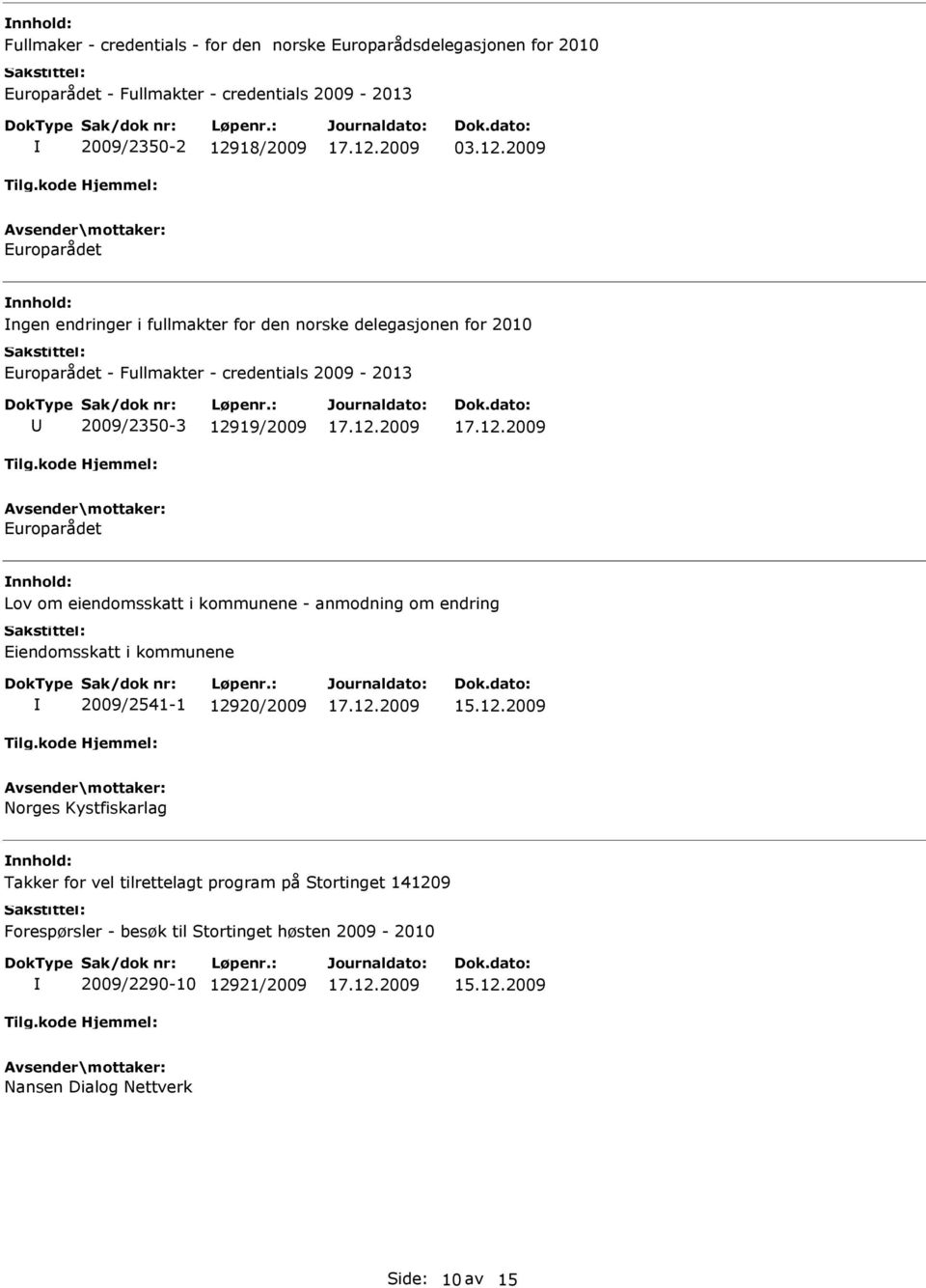 2009 Europarådet ngen endringer i fullmakter for den norske delegasjonen for 2010 Europarådet - Fullmakter - credentials 2009-2013 2009/2350-3 12919/2009