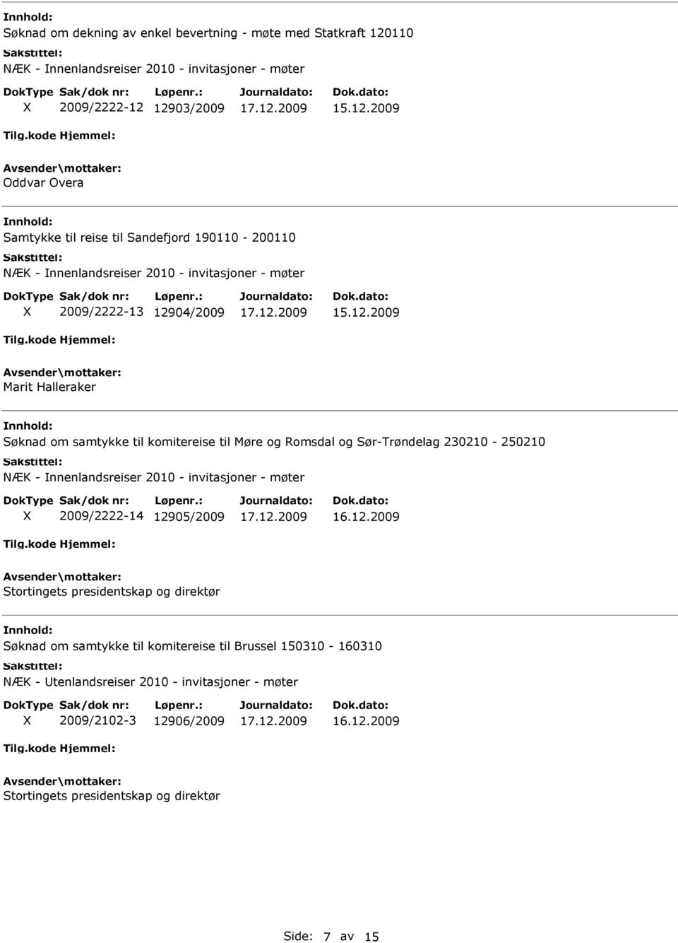 12903/2009 15.12.2009 Oddvar Overa Samtykke til reise til Sandefjord 190110-200110 NÆK - nnenlandsreiser 2010 - invitasjoner - møter 2009/2222-13 12904/2009 15.12.2009 Marit