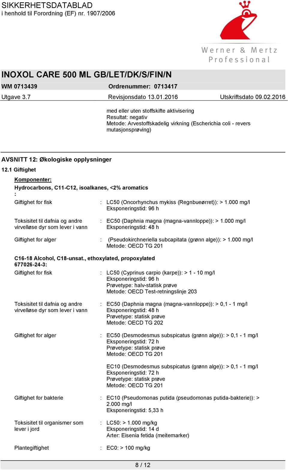 000 mg/l Eksponeringstid: 96 h Toksisitet til dafnia og andre virvelløse dyr som lever i vann : EC50 (Daphnia magna (magna-vannloppe)): > 1.