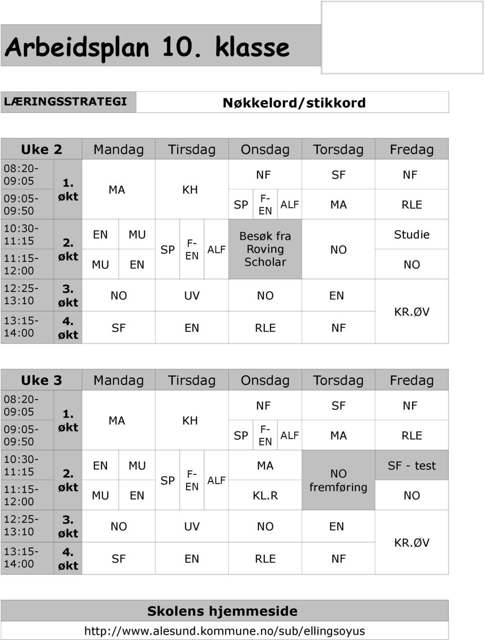 økt MA KH SP F- EN NF SF NF ALF MA RLE EN MU SP F- Besøk fra Studie EN ALF Roving NO MU EN Scholar NO NO UV NO EN SF EN RLE NF KR.