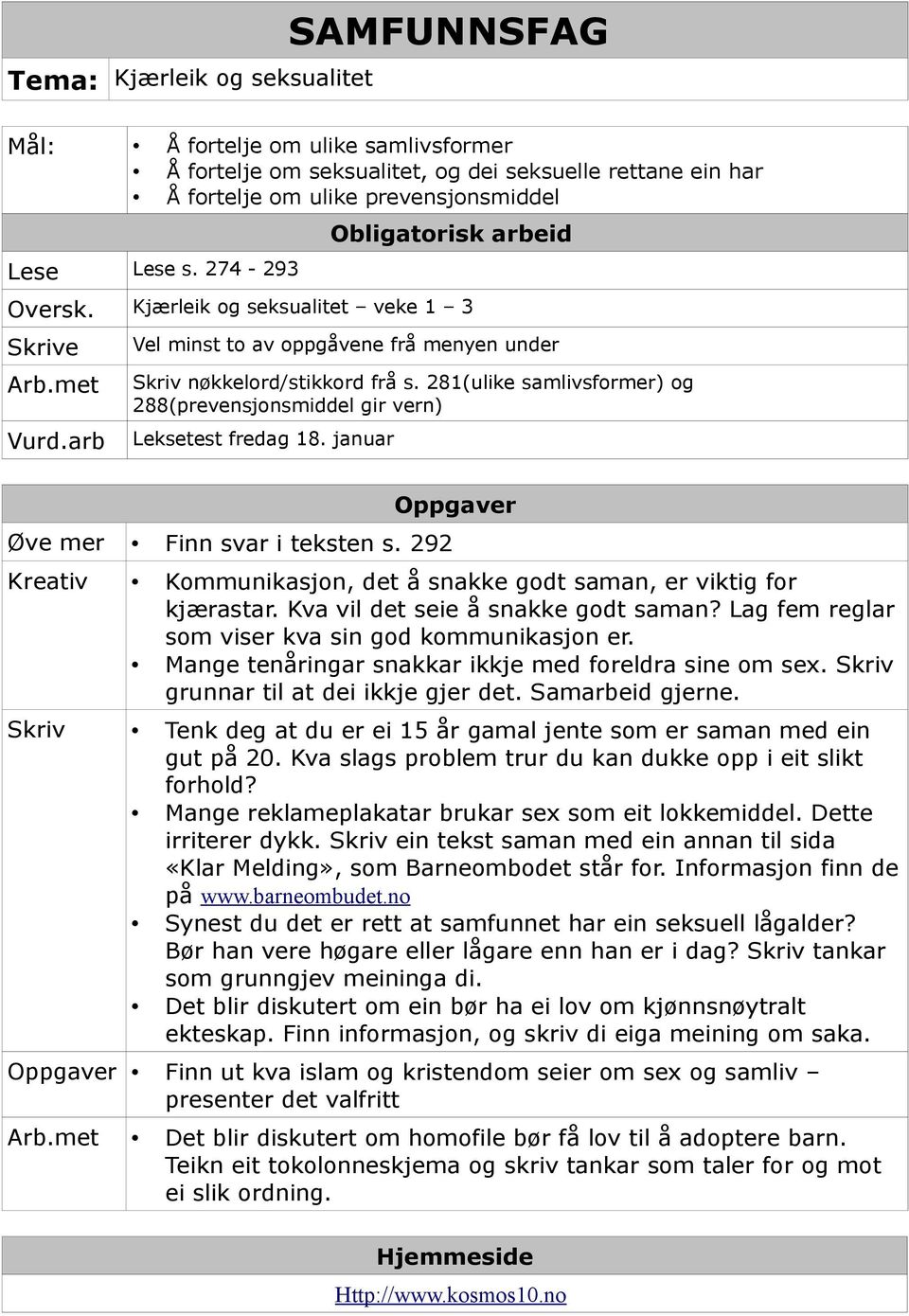 281(ulike samlivsformer) og 288(prevensjonsmiddel gir vern) Leksetest fredag 18. januar Øve mer Finn svar i teksten s. 292 Kreativ Kommunikasjon, det å snakke godt saman, er viktig for kjærastar.