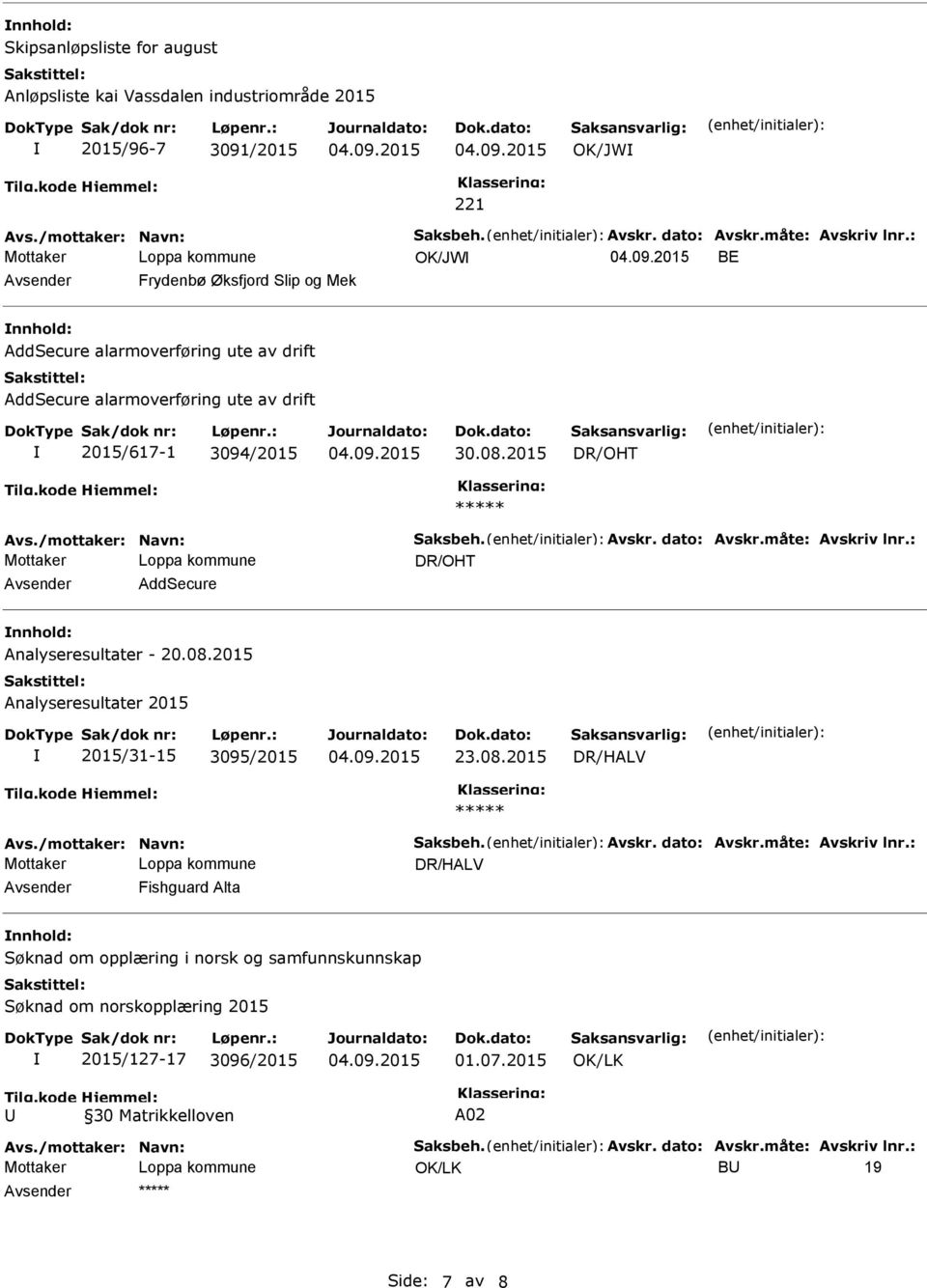 /mottaker: Navn: Saksbeh. Avskr. dato: Avskr.måte: Avskriv lnr.: DR/OHT Avsender AddSecure nnhold: Analyseresultater - 20.08.2015 Analyseresultater 2015 2015/31-15 3095/2015 23.08.2015 DR/HALV Avs.