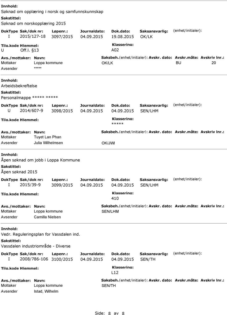 : Mottaker Tuyet Lan Phan Avsender Julia Wilhelmsen OK/JW nnhold: Åpen søknad om jobb i Loppa Kommune Åpen søknad 2015 2015/39-9 3099/2015 410 Avs./mottaker: Navn: Saksbeh. Avskr. dato: Avskr.