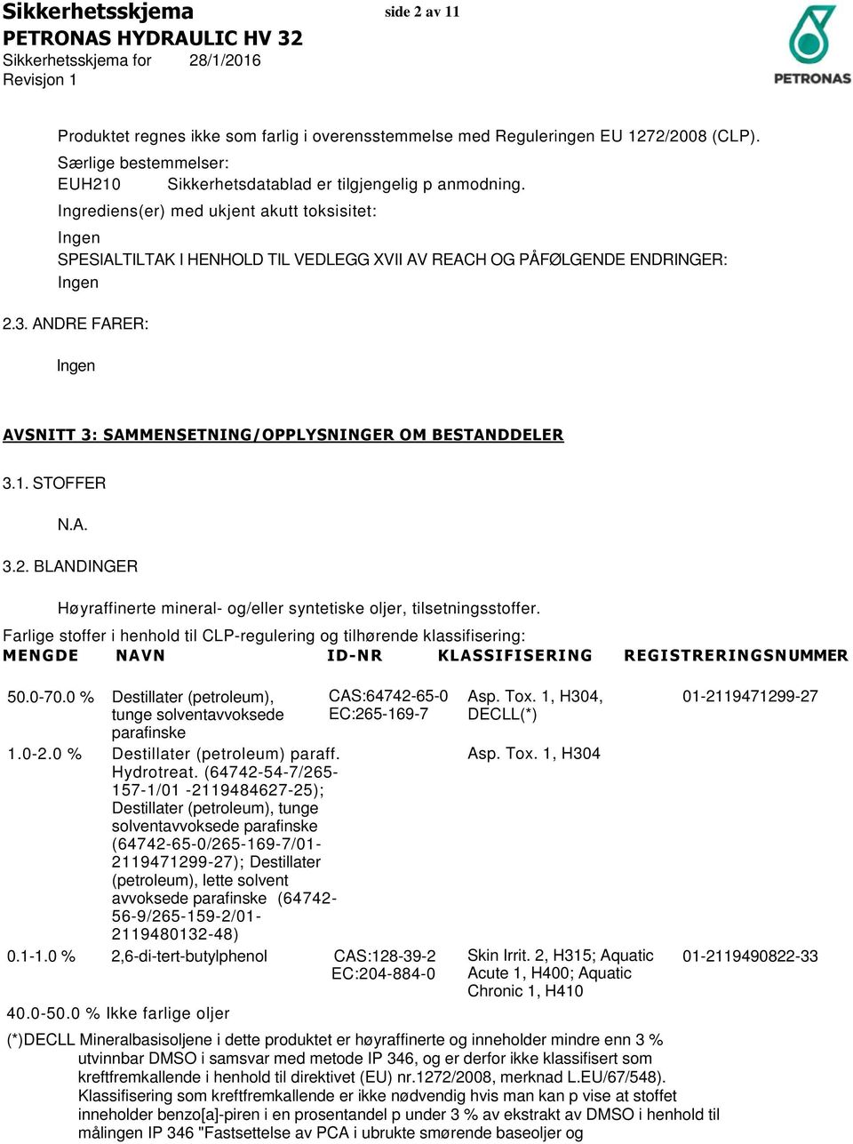 ANDRE FARER: Ingen AVSNITT 3: SAMMENSETNING/OPPLYSNINGER OM BESTANDDELER 3.1. STOFFER 3.2. BLANDINGER Høyraffinerte mineral- og/eller syntetiske oljer, tilsetningsstoffer.