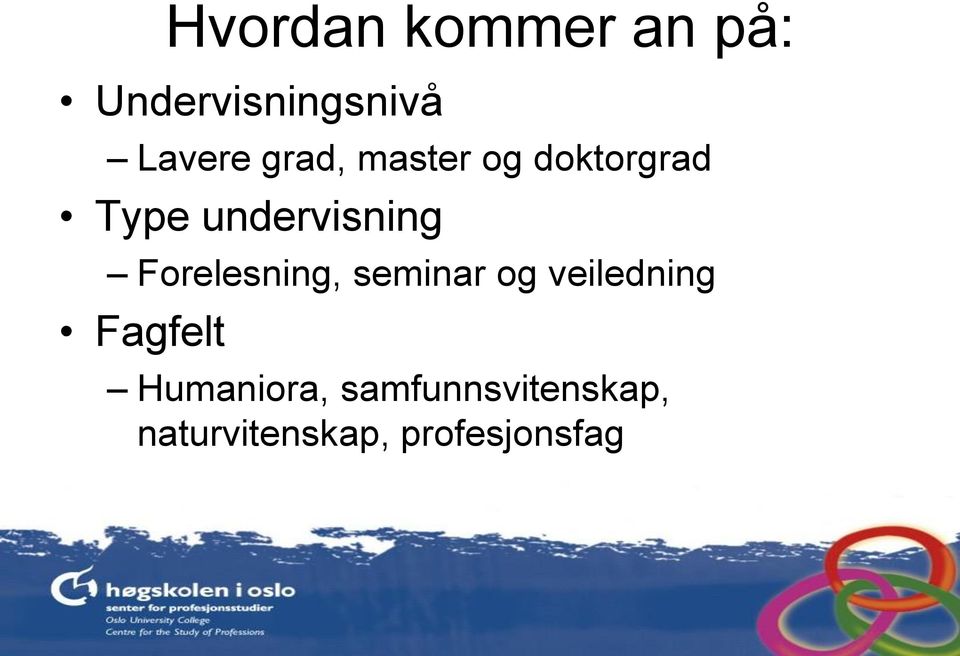 Forelesning, seminar og veiledning Fagfelt