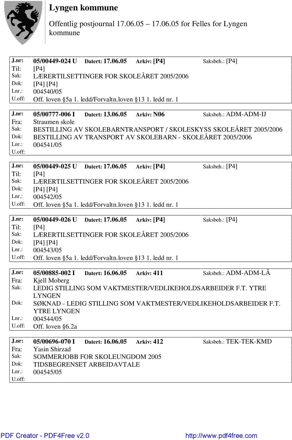 nr: 05/00449-025 U Datert: 17.06.05 Arkiv: [P4] Saksbeh.: [P4] Lnr.: 004542/05 Off. loven 5a 1. ledd/forvaltn.loven 13 1. ledd nr. 1 J.nr: 05/00449-026 U Datert: 17.06.05 Arkiv: [P4] Saksbeh.: [P4] Lnr.: 004543/05 Off.