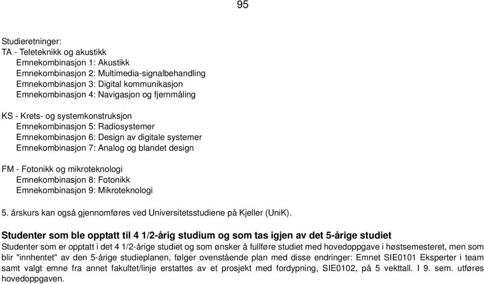 mikroteknologi Emnekombinasjon 8: Fotonikk Emnekombinasjon 9: Mikroteknologi 5. årskurs kan også gjennomføres ved Universitetsstudiene på Kjeller (UniK).