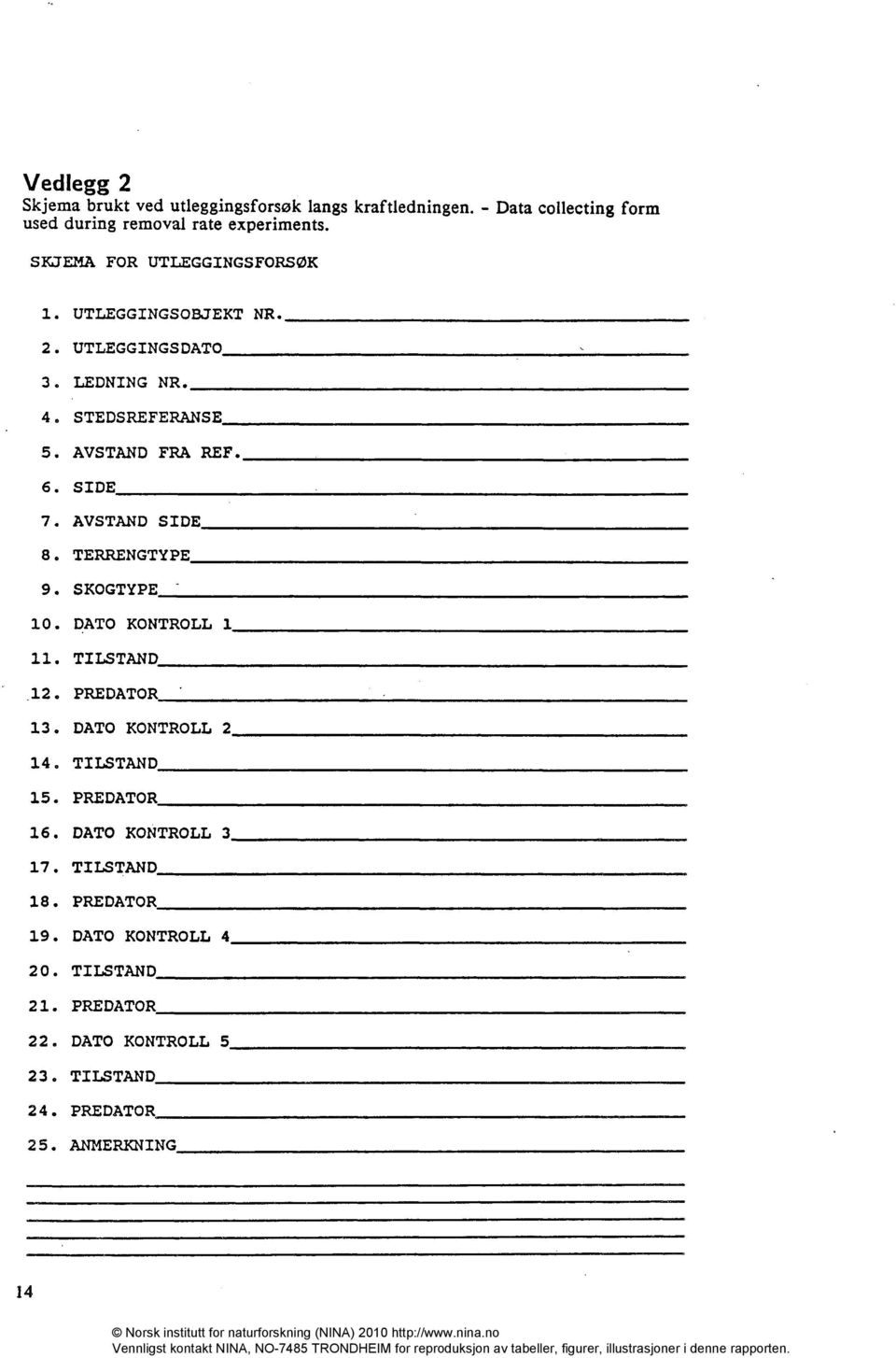 AVSTAND SIDE 8. TERRENGTYPE 9. SKOGTYPE 10. DATO KONTROLL 1 11. TILSTAND 12. PREDATOR 13. DATO KONTROLL 2 14. TILSTAND 15. PREDATOR 16.