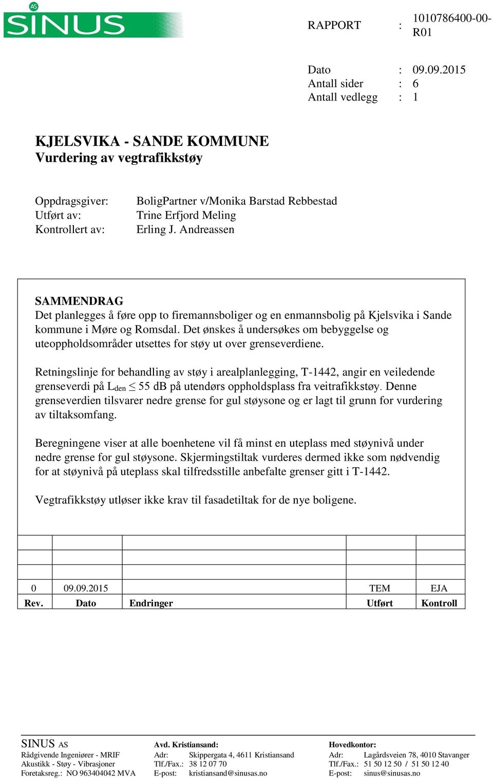 Meling Erling J. Andreassen SAMMENDRAG Det planlegges å føre opp to firemannsboliger og en enmannsbolig på Kjelsvika i Sande kommune i Møre og Romsdal.