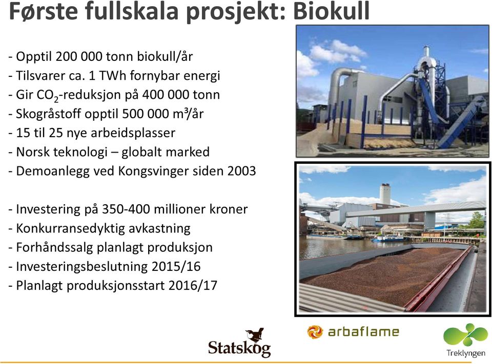 arbeidsplasser - Norsk teknologi globalt marked - Demoanlegg ved Kongsvinger siden 2003 - Investering på 350-400