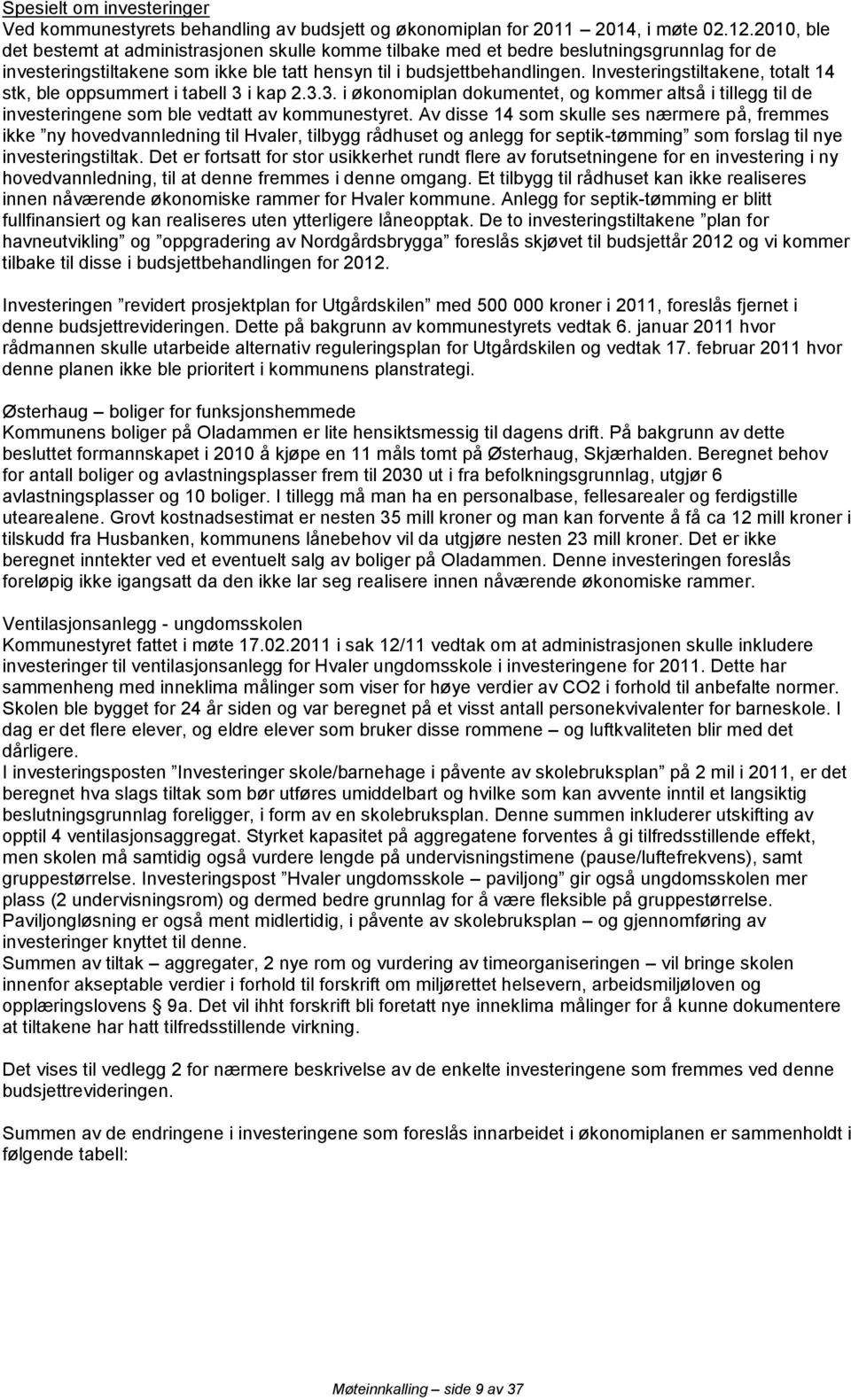 Investeringstiltakene, totalt 14 stk, ble oppsummert i tabell 3 i kap 2.3.3. i økonomiplan dokumentet, og kommer altså i tillegg til de investeringene som ble vedtatt av kommunestyret.