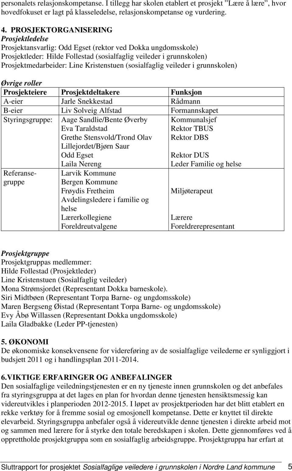 Kristenstuen (sosialfaglig veileder i grunnskolen) Øvrige roller Prosjekteiere Prosjektdeltakere Funksjon A-eier Jarle Snekkestad Rådmann B-eier Liv Solveig Alfstad Formannskapet Styringsgruppe: