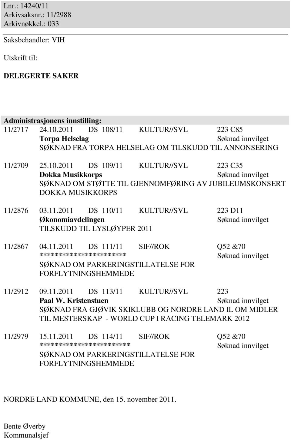 11.2011 DS 110/11 KULTUR//SVL 223 D11 Økonomiavdelingen Søknad innvilget TILSKUDD TIL LYSLØYPER 2011 11/2867 04.11.2011 DS 111/11 SIF//ROK Q52 &70 *********************** Søknad innvilget SØKNAD OM PARKERINGSTILLATELSE FOR FORFLYTNINGSHEMMEDE 11/2912 09.