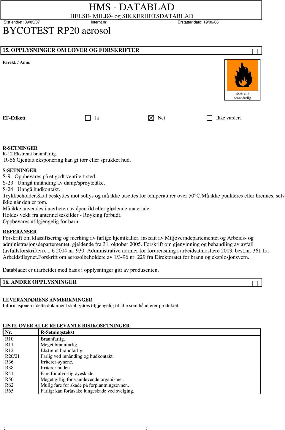 Skal beskyttes mot sollys og må ikke utsettes for temperaturer over 50 C.Må ikke punkteres eller brennes, selv ikke når den er tom. Må ikke anvendes i nærheten av åpen ild eller glødende materiale.